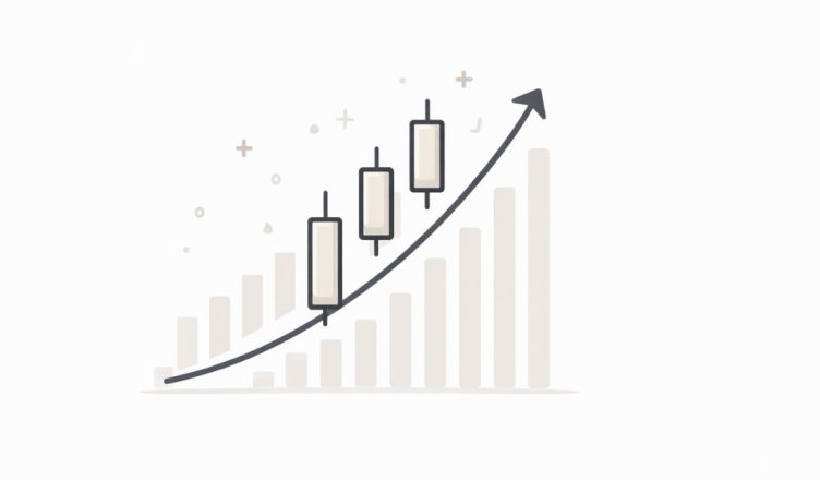 Minimal vector illustration of an upward stock market chart with candlestick bars representing Sensex and Nifty market gains