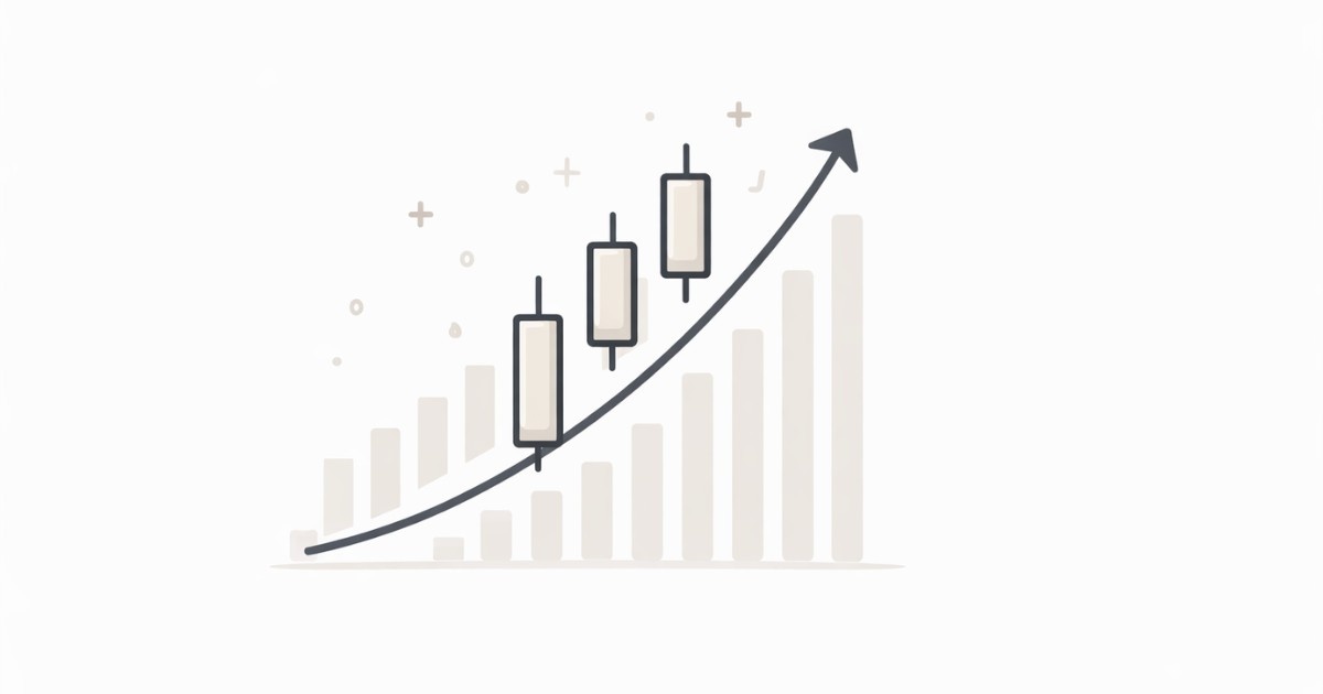Minimal vector illustration of an upward stock market chart with candlestick bars representing Sensex and Nifty market gains