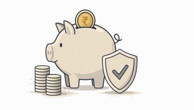 Minimal vector illustration of a piggy bank with coins representing savings and Public Provident Fund investment benefits