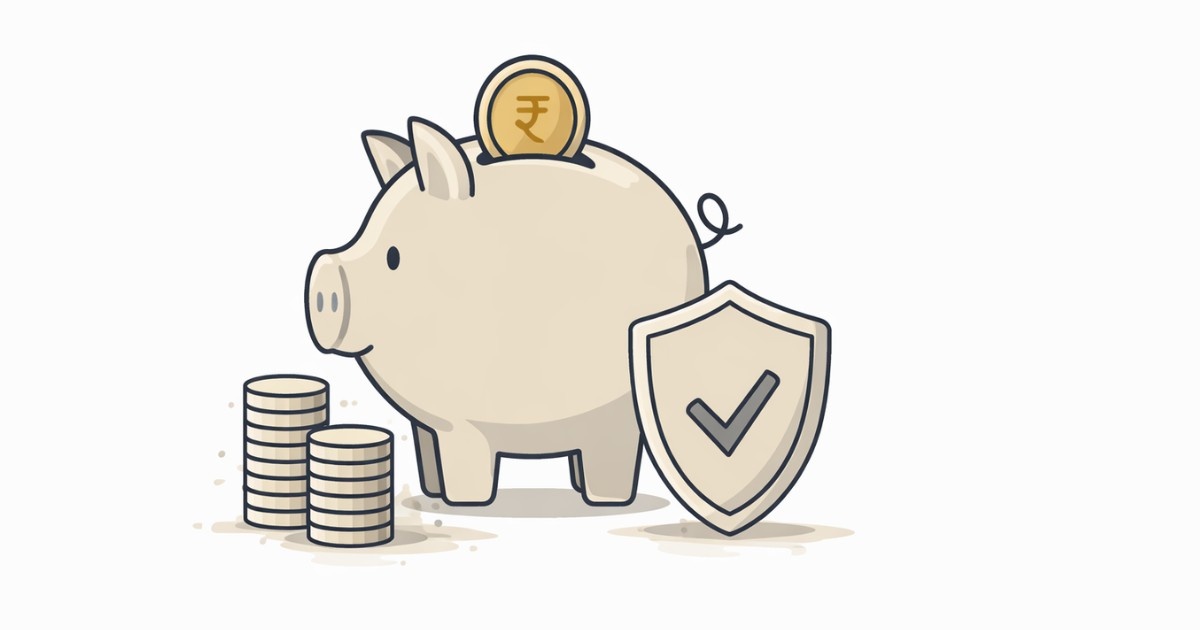Minimal vector illustration of a piggy bank with coins representing savings and Public Provident Fund investment benefits