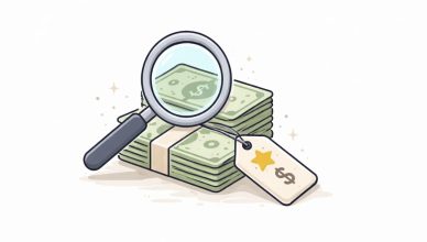 Minimal vector illustration showing a magnifying glass over cash with a reward tag symbolizing an FBI most wanted fugitive reward