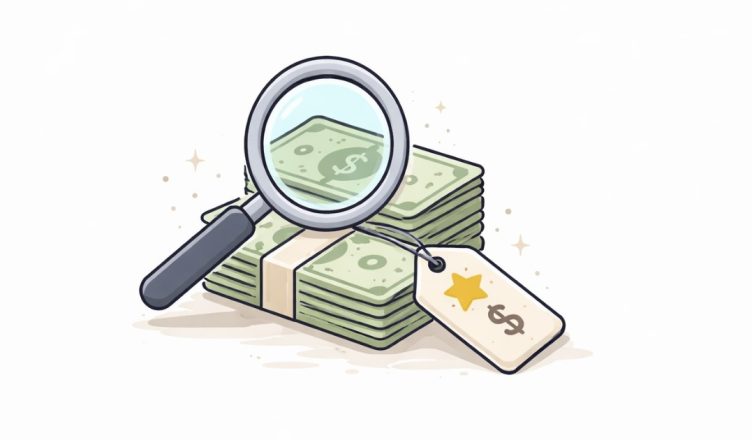 Minimal vector illustration showing a magnifying glass over cash with a reward tag symbolizing an FBI most wanted fugitive reward