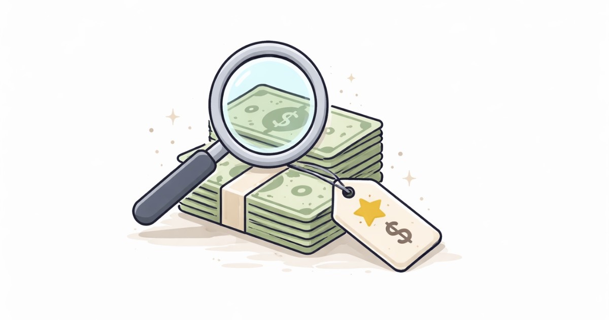 Minimal vector illustration showing a magnifying glass over cash with a reward tag symbolizing an FBI most wanted fugitive reward