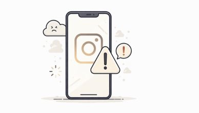 Minimal vector illustration of a smartphone showing a social media app error symbol representing an Instagram outage