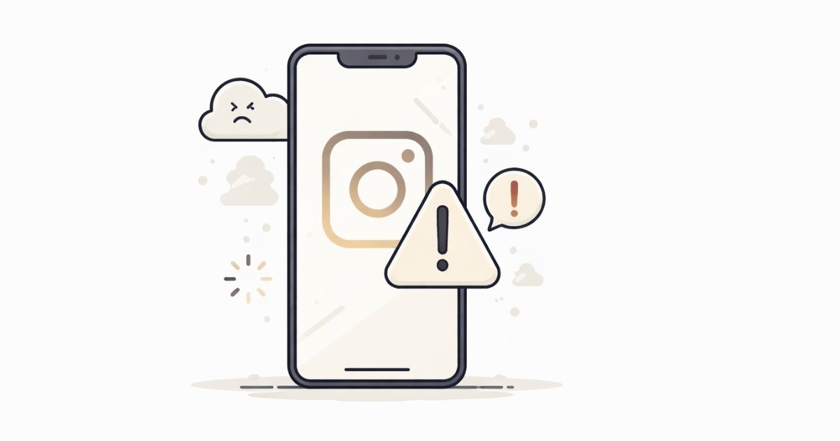 Minimal vector illustration of a smartphone showing a social media app error symbol representing an Instagram outage