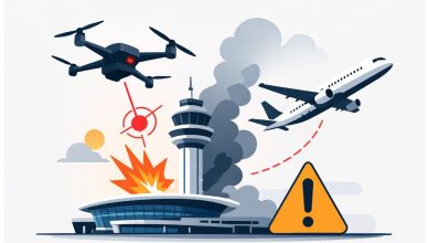 Minimal vector illustration of a drone near an airport runway symbolizing flight disruptions and aviation security concerns