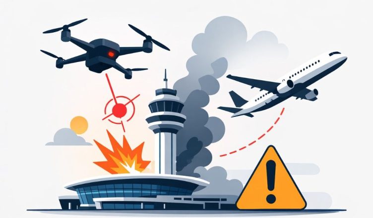 Minimal vector illustration of a drone near an airport runway symbolizing flight disruptions and aviation security concerns
