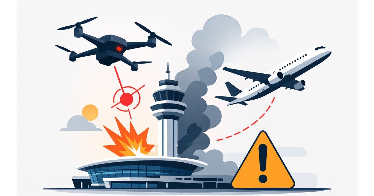 Minimal vector illustration of a drone near an airport runway symbolizing flight disruptions and aviation security concerns