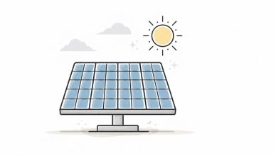 Minimal vector illustration of a solar panel generating energy under the sun representing solar power growth in India