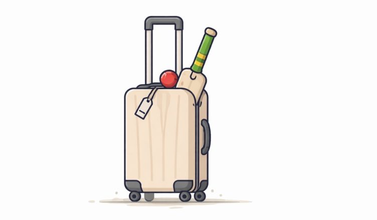 Minimal vector illustration of cricket luggage with bat and ball symbolizing the South African cricket team traveling home after the India tour