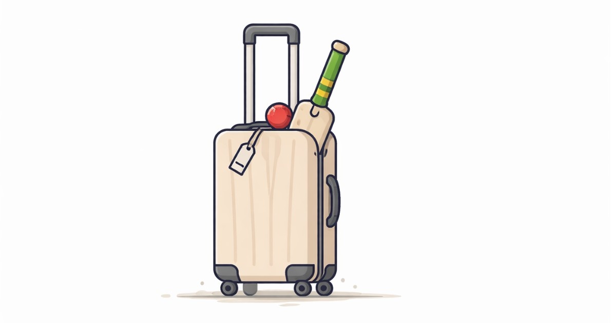 Minimal vector illustration of cricket luggage with bat and ball symbolizing the South African cricket team traveling home after the India tour