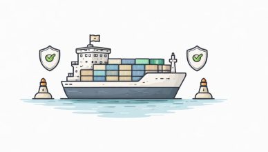 Minimal vector illustration of a cargo ship sailing safely through sea waters symbolizing safe maritime passage for Indian vessels from Iran