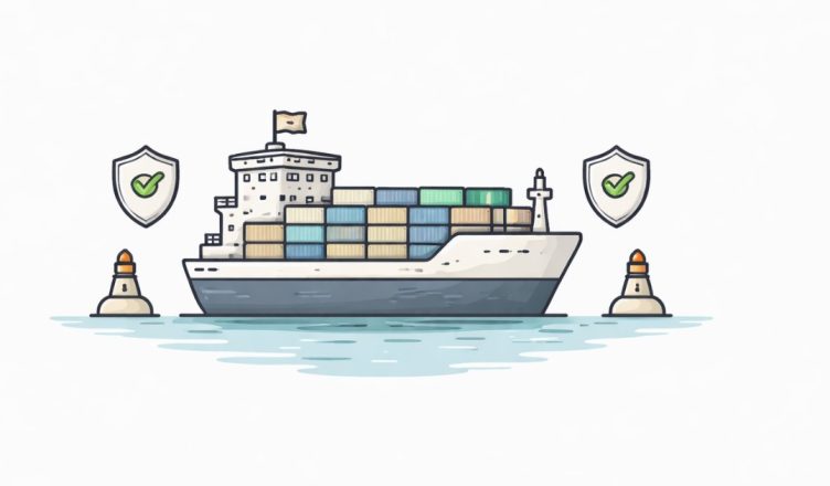 Minimal vector illustration of a cargo ship sailing safely through sea waters symbolizing safe maritime passage for Indian vessels from Iran