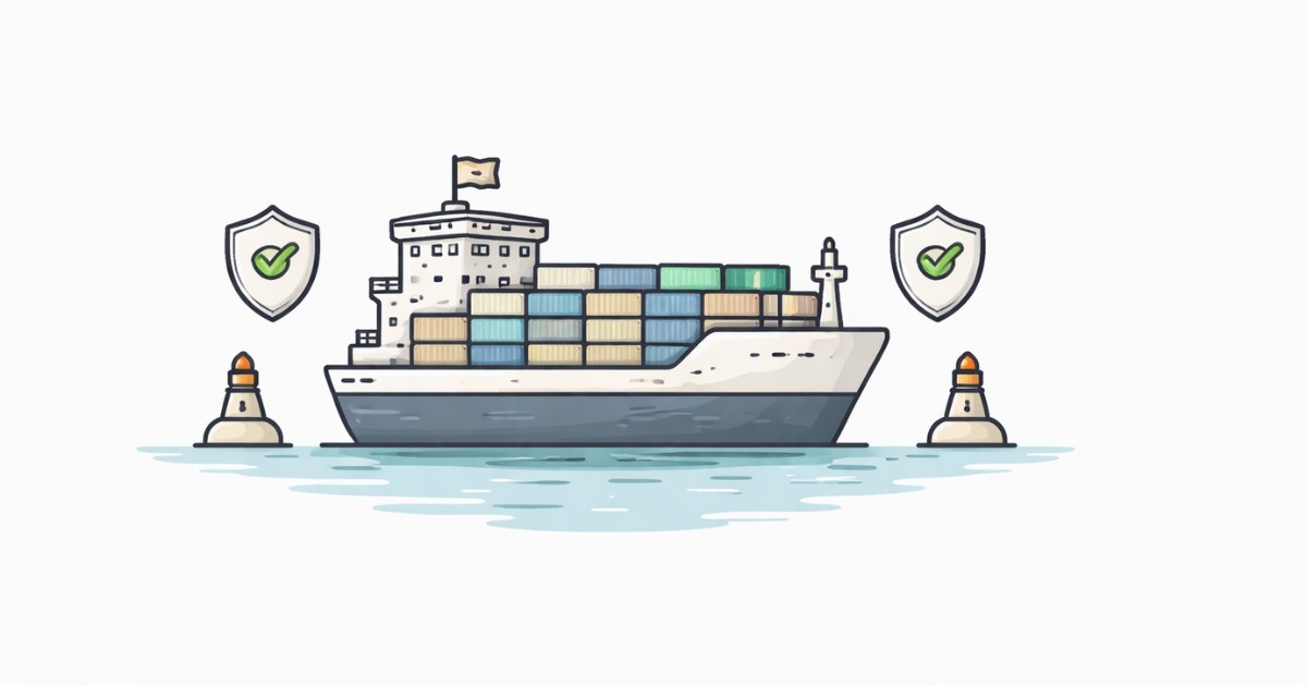 Minimal vector illustration of a cargo ship sailing safely through sea waters symbolizing safe maritime passage for Indian vessels from Iran