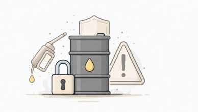 Minimal vector illustration of an oil barrel with a fuel drop symbol representing global oil supply and energy security