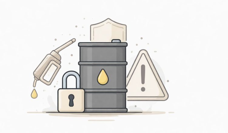 Minimal vector illustration of an oil barrel with a fuel drop symbol representing global oil supply and energy security