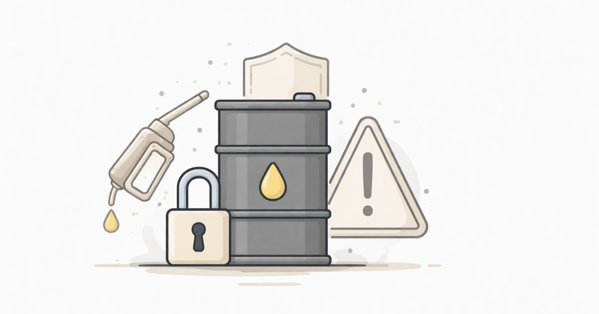 Minimal vector illustration of an oil barrel with a fuel drop symbol representing global oil supply and energy security