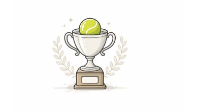 Minimal vector illustration of a tennis trophy with a tennis ball symbolizing the Indian Wells tennis championship victory