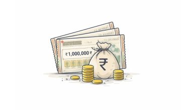 Minimal vector illustration of lottery tickets and a money bag with coins representing Kerala lottery results and prize winnings