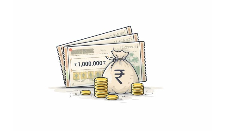 Minimal vector illustration of lottery tickets and a money bag with coins representing Kerala lottery results and prize winnings