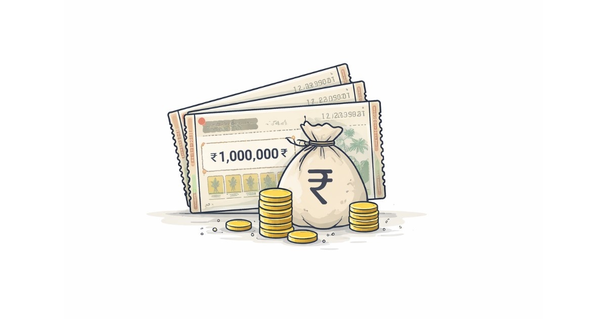 Minimal vector illustration of lottery tickets and a money bag with coins representing Kerala lottery results and prize winnings