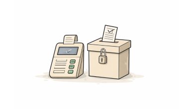 Minimal vector illustration of a ballot box with a ballot paper symbolizing Rajya Sabha election vote counting in India
