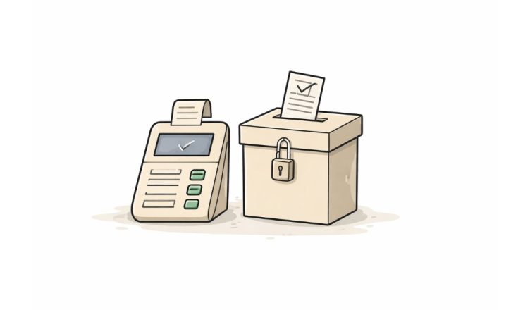Minimal vector illustration of a ballot box with a ballot paper symbolizing Rajya Sabha election vote counting in India