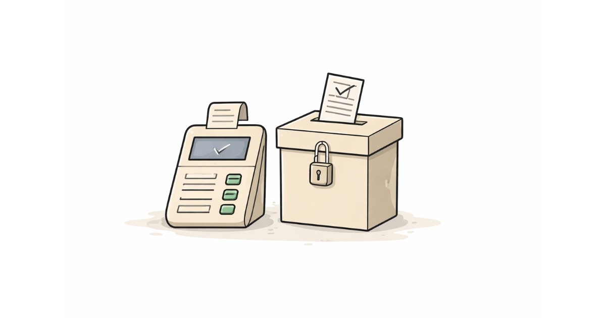 Minimal vector illustration of a ballot box with a ballot paper symbolizing Rajya Sabha election vote counting in India