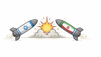 Minimal vector illustration of two opposing missiles and a shield symbol representing rising military tensions between Israel and Iran