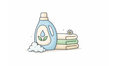 Minimal vector illustration of a detergent bottle with folded towels and foam representing gentle essential and effective cleaning