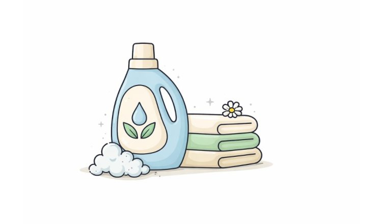 Minimal vector illustration of a detergent bottle with folded towels and foam representing gentle essential and effective cleaning