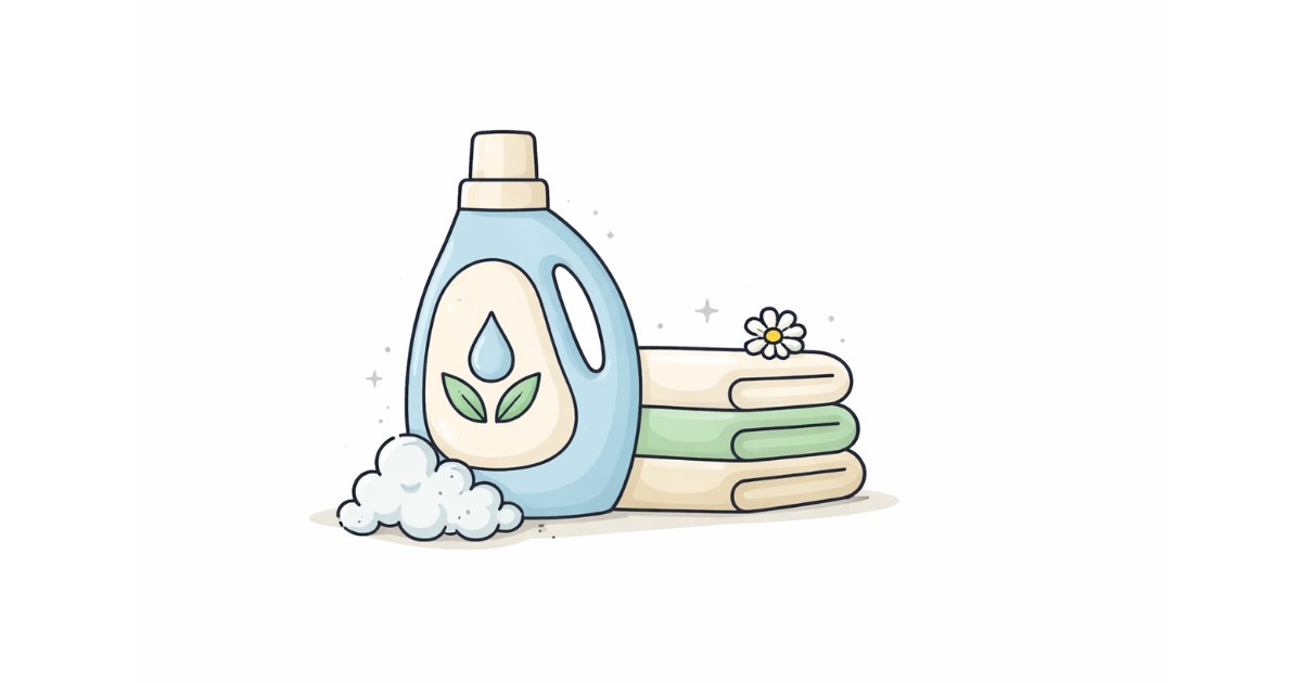 Minimal vector illustration of a detergent bottle with folded towels and foam representing gentle essential and effective cleaning