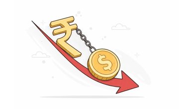 Minimal editorial illustration showing Indian rupee symbol weighed down by a dollar coin with a downward arrow, representing rupee depreciation against the US dollar