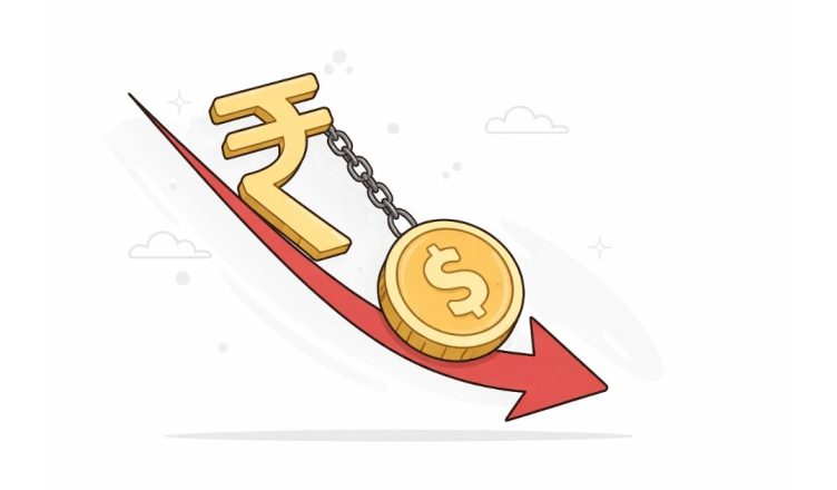 Minimal editorial illustration showing Indian rupee symbol weighed down by a dollar coin with a downward arrow, representing rupee depreciation against the US dollar