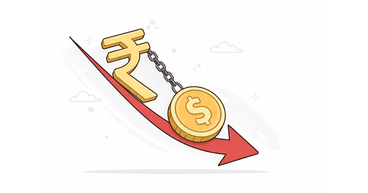 Minimal editorial illustration showing Indian rupee symbol weighed down by a dollar coin with a downward arrow, representing rupee depreciation against the US dollar