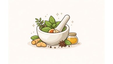 Minimal flat vector illustration of a mortar and pestle with herbal leaves, symbolizing natural remedies for strengthening immunity, centered on a clean light background.