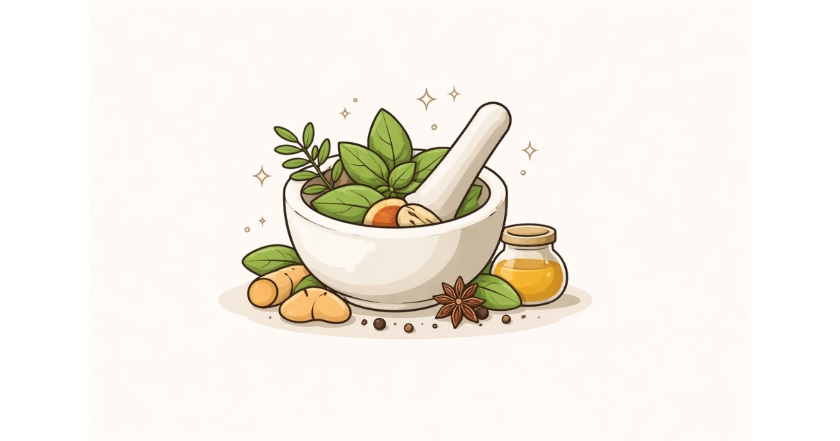 Minimal flat vector illustration of a mortar and pestle with herbal leaves, symbolizing natural remedies for strengthening immunity, centered on a clean light background.