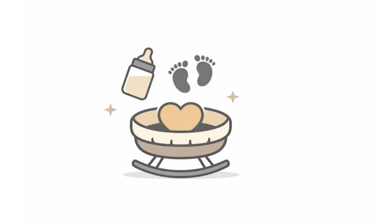 Minimal vector illustration of a baby cradle with heart symbol and baby care elements representing maternity leave rights for adoptive mothers