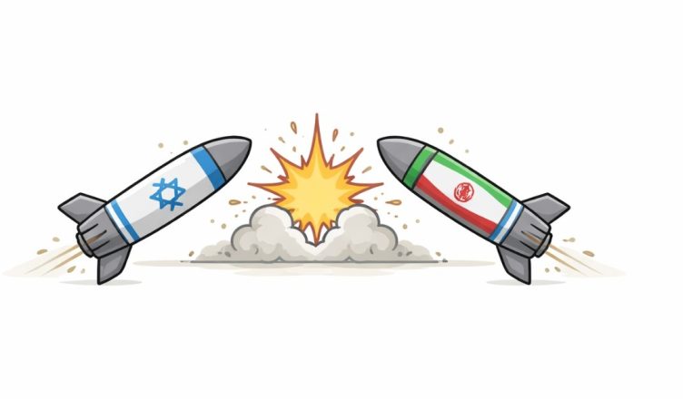 Minimal vector illustration of two opposing missiles and a shield symbol representing rising military tensions between Israel and Iran