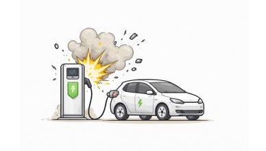 Minimal vector illustration of an electric vehicle charging station explosion with a connected EV, representing safety concerns in EV infrastructure