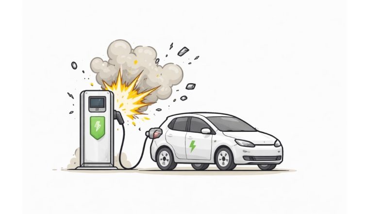 Minimal vector illustration of an electric vehicle charging station explosion with a connected EV, representing safety concerns in EV infrastructure