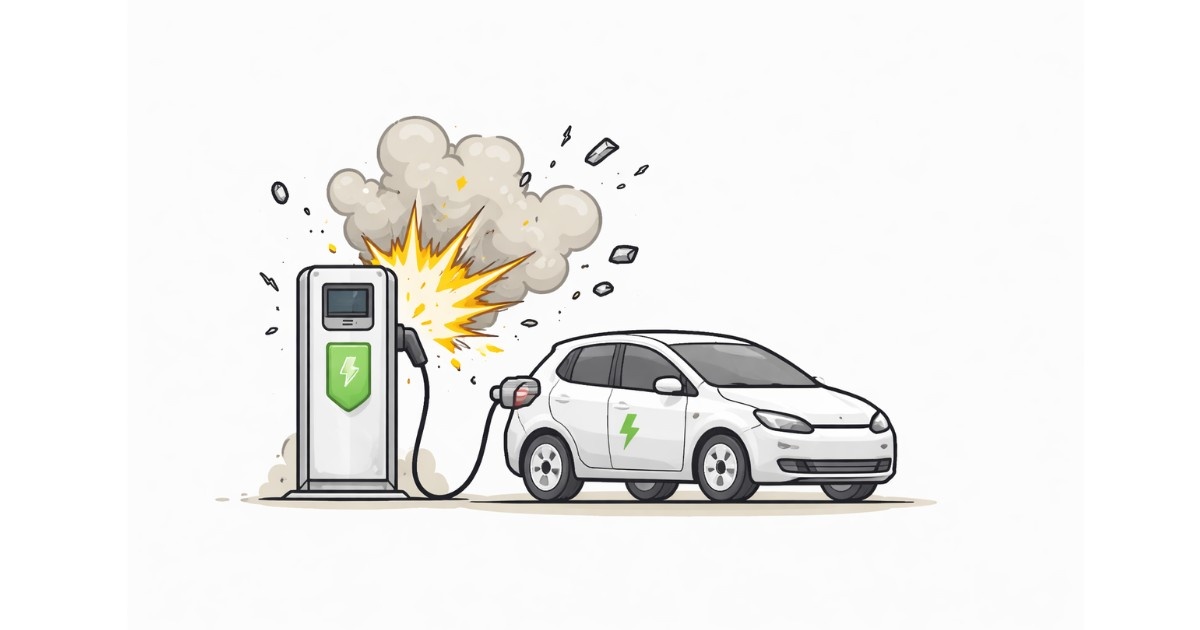 Minimal vector illustration of an electric vehicle charging station explosion with a connected EV, representing safety concerns in EV infrastructure