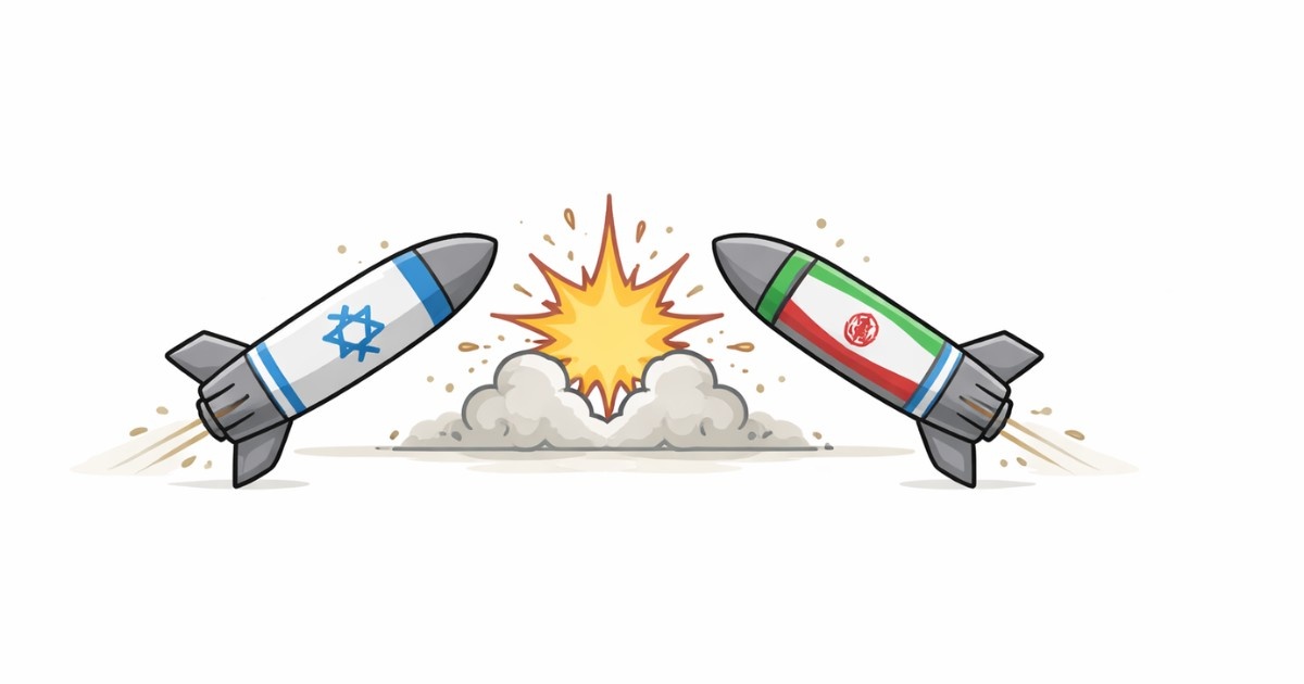 Minimal vector illustration of two opposing missiles and a shield symbol representing rising military tensions between Israel and Iran
