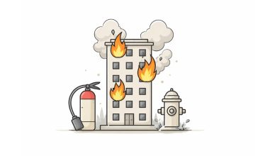 Minimal vector illustration of a building on fire with flames and smoke representing multiple fire incidents in India