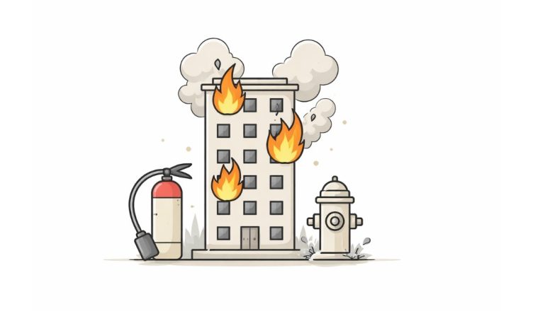 Minimal vector illustration of a building on fire with flames and smoke representing multiple fire incidents in India