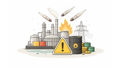 Minimal vector illustration of an energy facility with a warning symbol and downward threat indicators, representing risks to power and energy supply in the Gulf region, set on a clean light background.