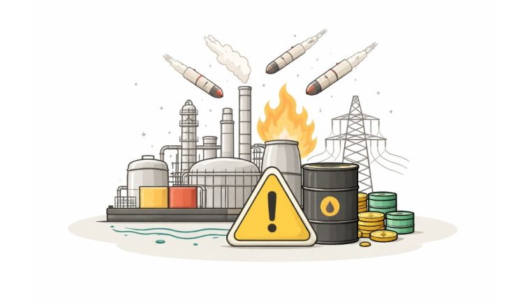 Minimal vector illustration of an energy facility with a warning symbol and downward threat indicators, representing risks to power and energy supply in the Gulf region, set on a clean light background.