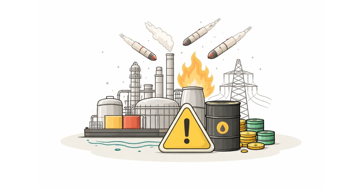 Minimal vector illustration of an energy facility with a warning symbol and downward threat indicators, representing risks to power and energy supply in the Gulf region, set on a clean light background.