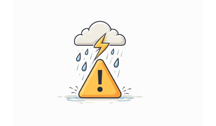 Minimal vector illustration of a weather warning symbol with rain, cloud, and lightning representing nationwide weather alerts