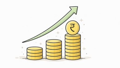 Minimal vector illustration of rising coin stacks with an upward arrow representing stock market surge and Sensex Nifty gains